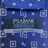 Jos A Bank Mens Blue 100% Silk Necktie Stain Resistant Traveler Geometric Patter
