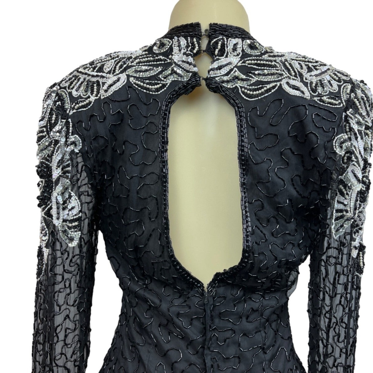 Black & Silver Sequin Beaded Womens Dress Long Sleeve Elegant Design Size M