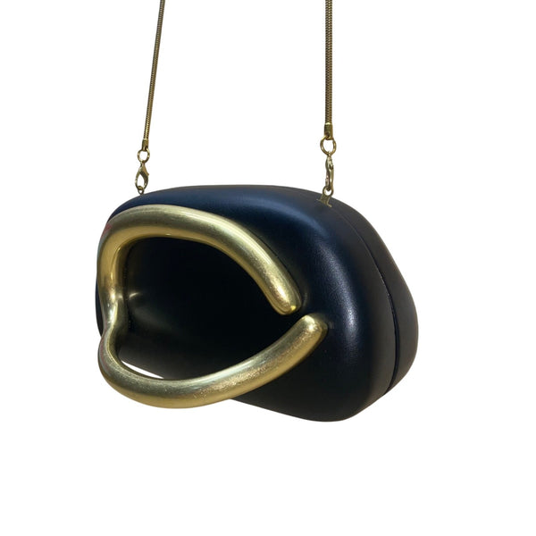 Women’s Black PU Leather With Sculptural Curved Gold Handle Crossbody Clutch