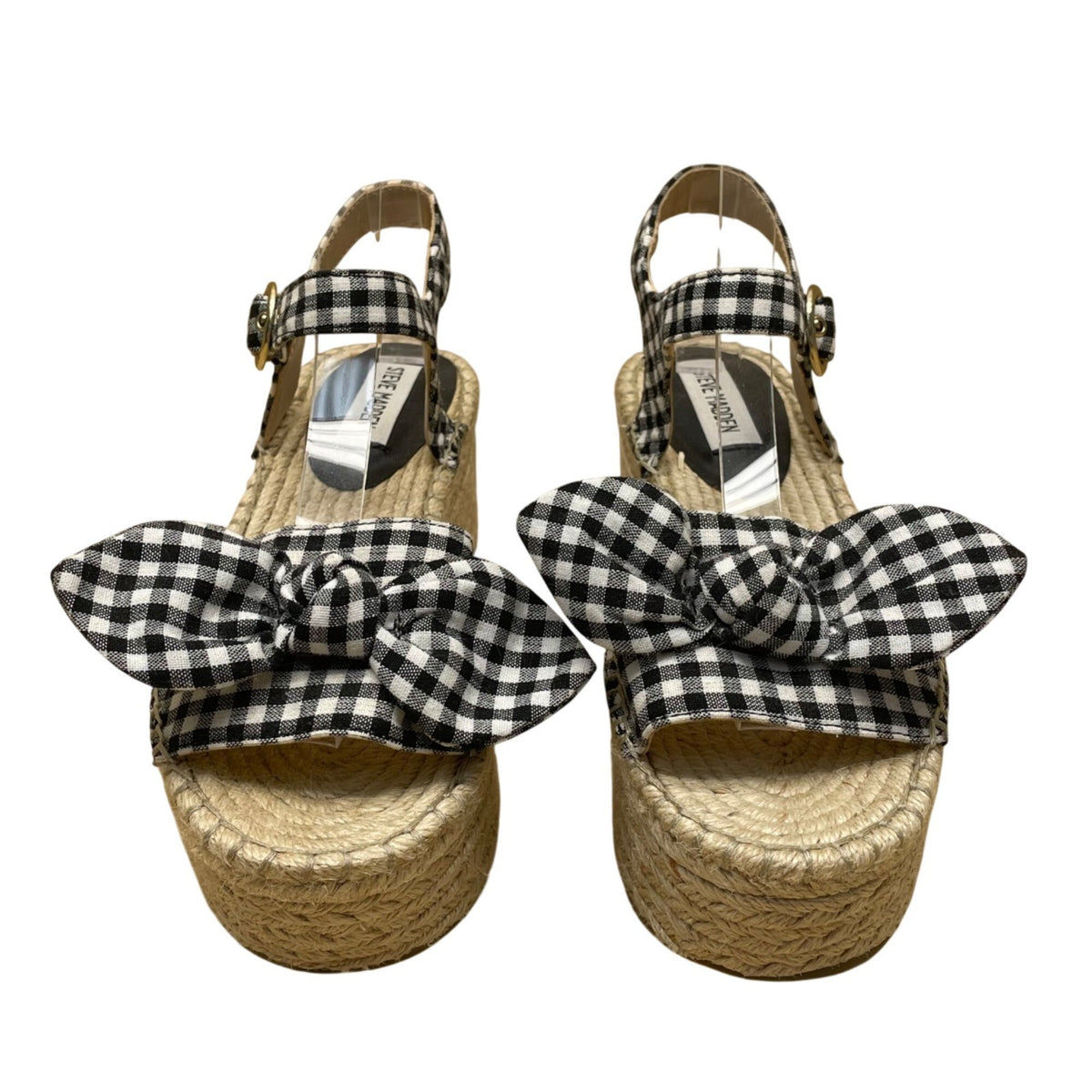 Steve Madden Women’s Black & White Gingham Bow Platform Espadrille Sandals Sz 7M