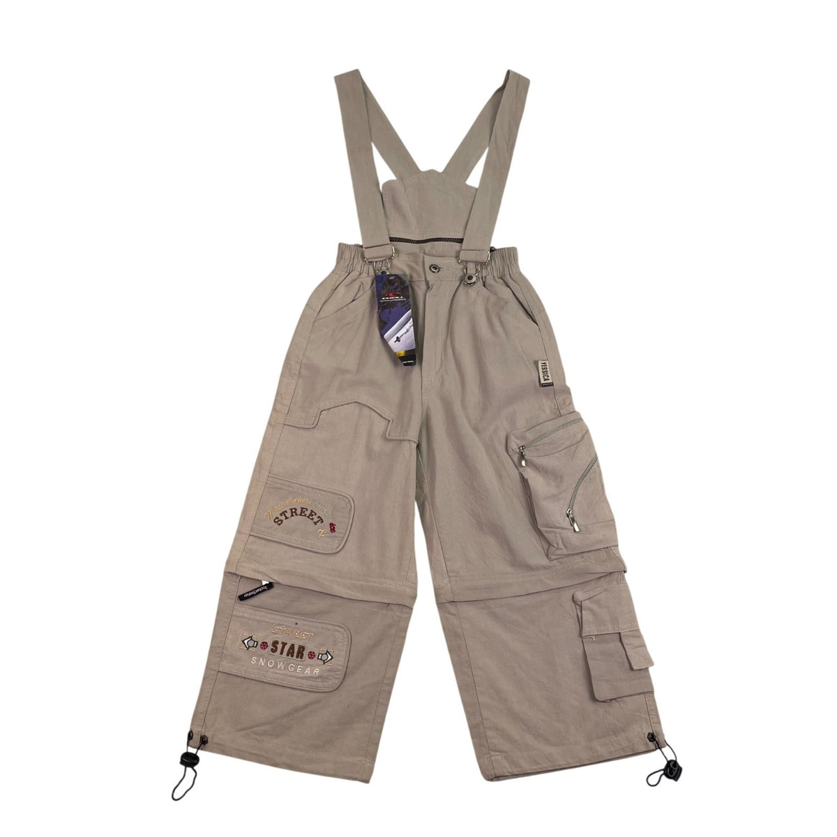 ONeill Kids Beige Bib Snow Pants Embroidered Patches Adjustable Straps Sz 10 New