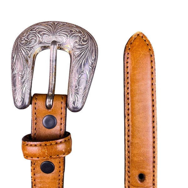 Tony Lama Tan Leather Western Belt With Silver Buckle Embossed Floral Sz 30