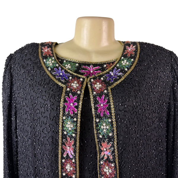 Lawrence Kazar Womens Black Beaded Silk  Jacket & Top Floral Embellished Sz 2X
