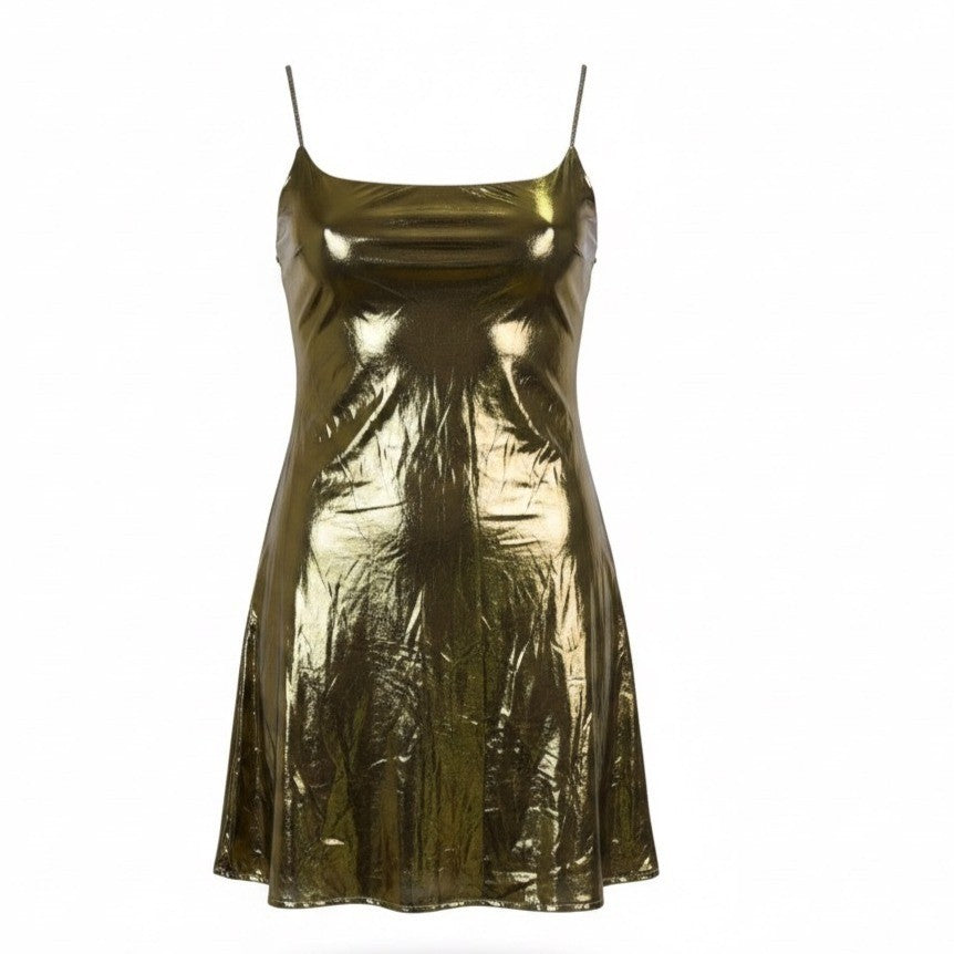 Micas Womens Gold Metallic A-Line Slip Dress Shiny Party Wear Sz S