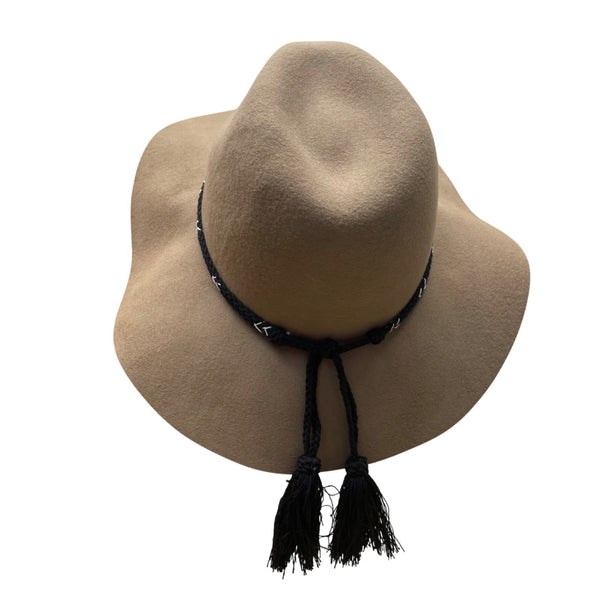 American Eagle Women Beige Wool Wide Brim Floppy Hat With Black Braided Cord