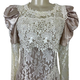 Vintage Cachet Women’s Beige & Ivory Lace Satin Puff Sleeve Midi Dress