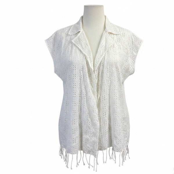 J.Crew Womens White  Sleeveless Eyelet Top With Fringe Hem Sz M-L