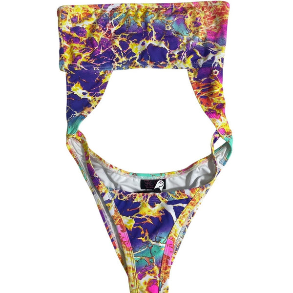 HMS Multicolor Marble Print Strapless Womens Monokini Swimsuit Sz M - New