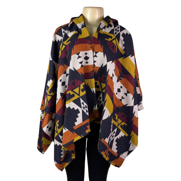 Pinko Womens Multicolor Wool Blend Hooded Poncho Geometric Pattern One Size