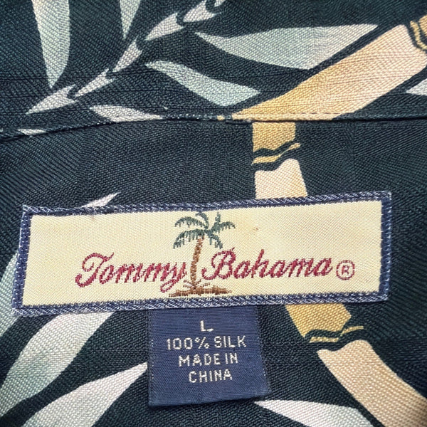 Tommy Bahama Mens Black Bamboo Print Silk Hawaiian Shirt Casual Resortwear Sz L