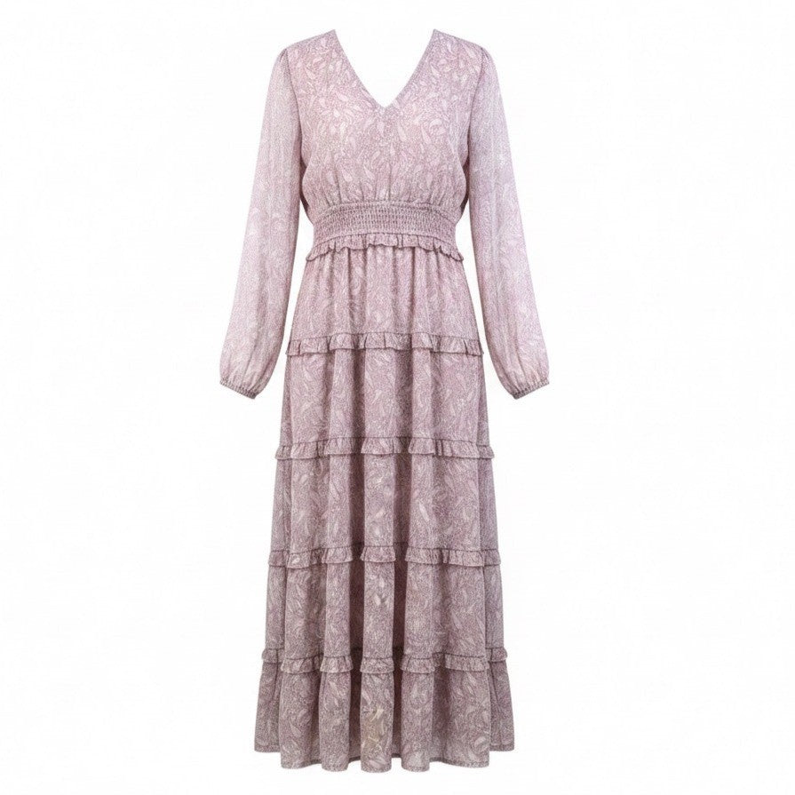 Storia Womens Pink Tiered Maxi Dress W/ Long Sleeves Textured Floral Sz M