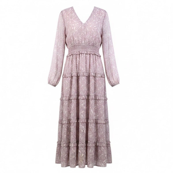 Storia Womens Pink Tiered Maxi Dress W/ Long Sleeves Textured Floral Sz M
