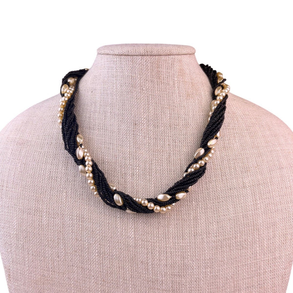 Vintage Womens Black Seed Bead & Baroque Pearl Multi-Strand Necklace 