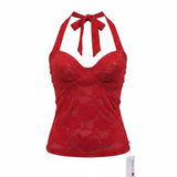 Reoria Womens Red Lace Halter Top Sheer Floral Tie-Neck Camisole Size M