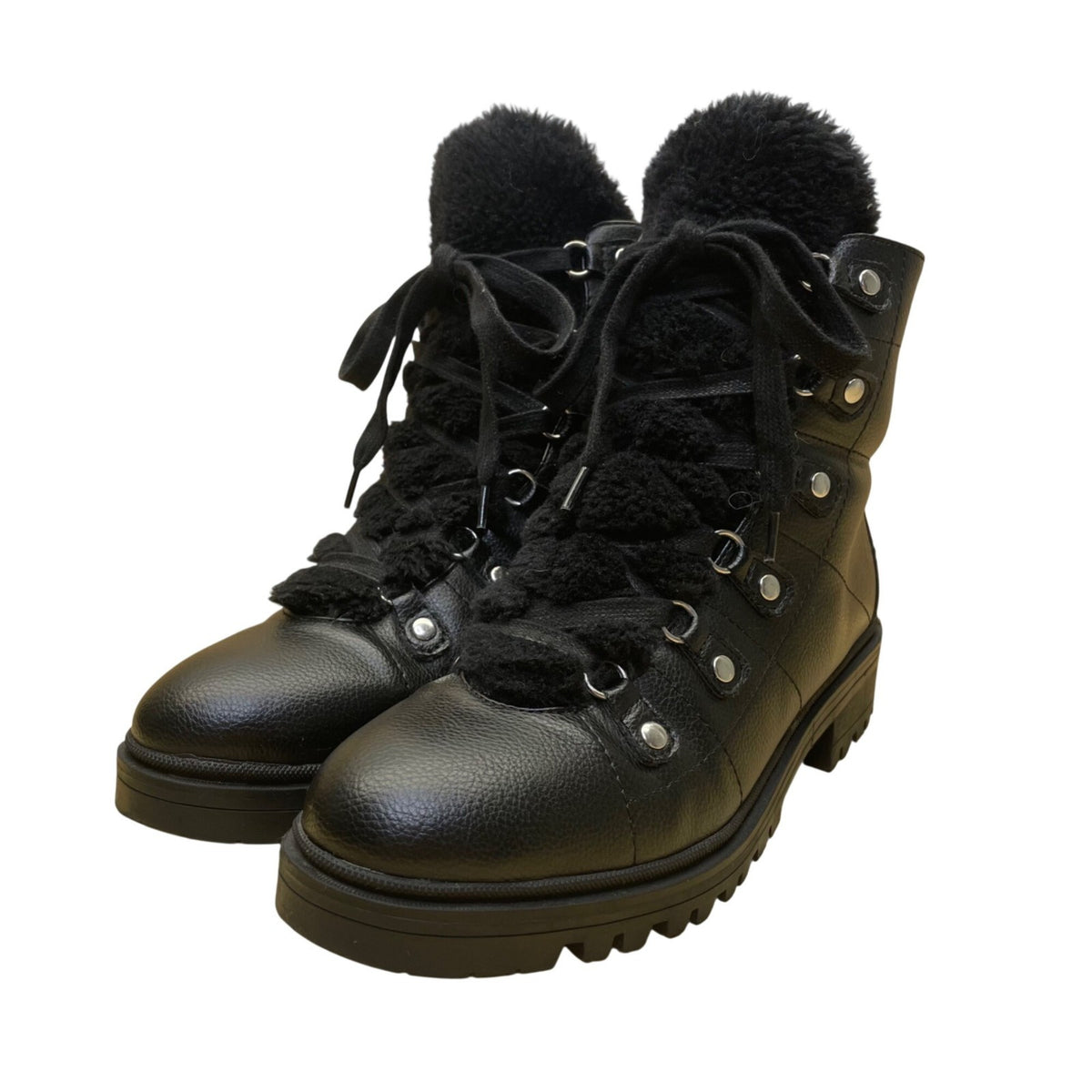 Nine West Women’s Black Leather Lace-Up Fur-Lined Winter Ankle Boots Size 9M