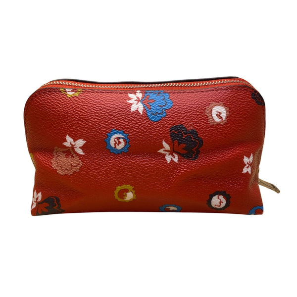 Coach Women’s Red Leather Floral Print Zip Closure Cosmetic Bag
