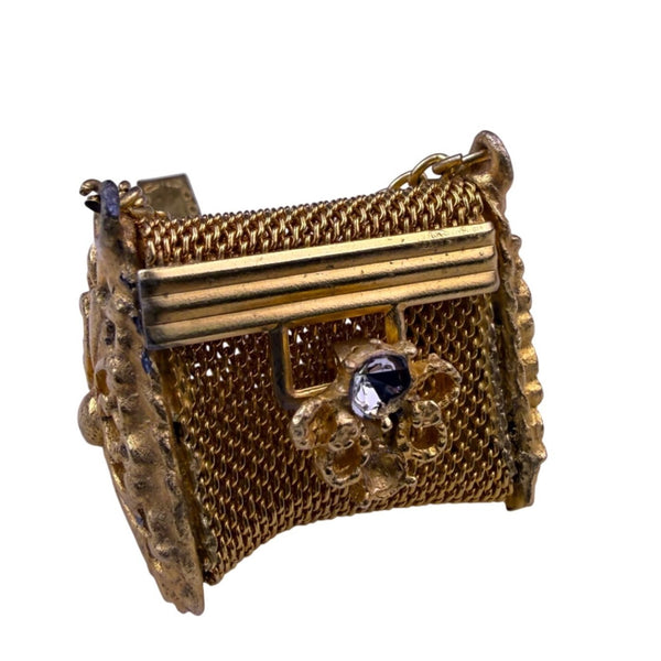 Miniature Vintage Gold-Toned Mesh Pillbox With Chain Clip & Rhinestone Detail
