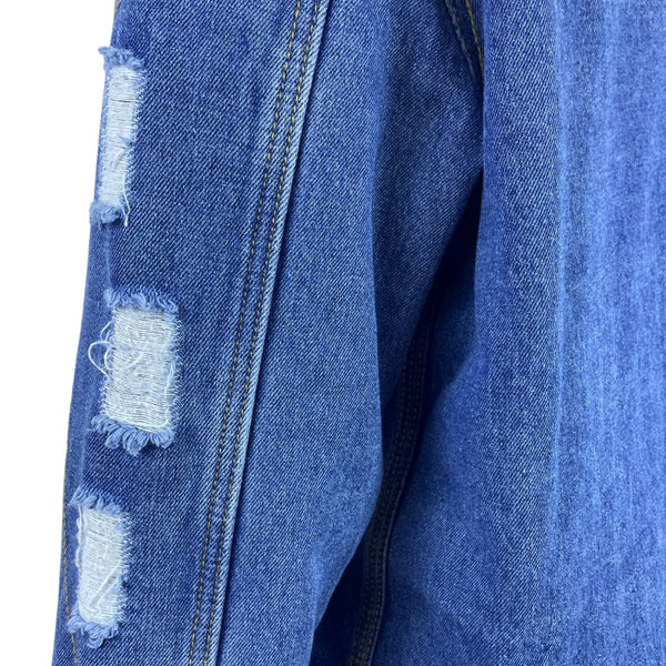 Omoone Women’s Blue Denim Jacket Distressed Pockets Button Closure Sz L