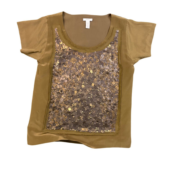J.Crew Womens Olive Green Silk Sequin Embellished Short Sleeve Blouse Sz  XS