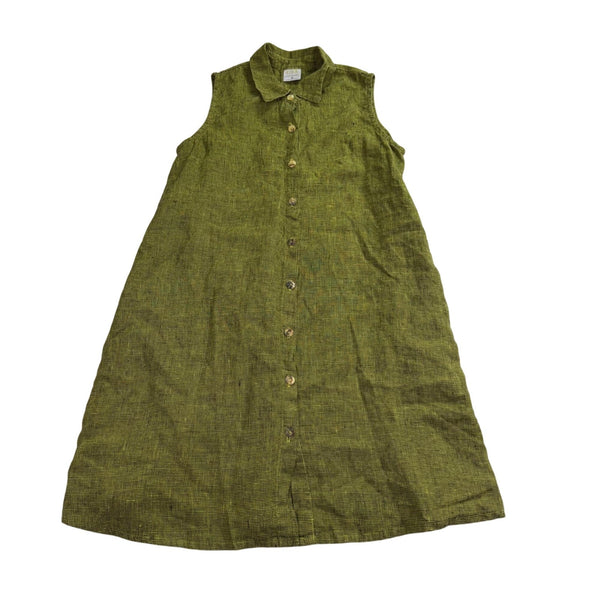 Click Womens Olive Green Linen Sleeveless Button-Down A-Line Midi Dress Size M