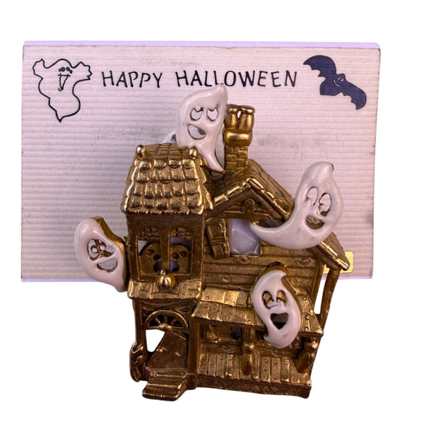Vintage Halloween Gold Tone Haunted House Brooch Ghost Accents Collectible
