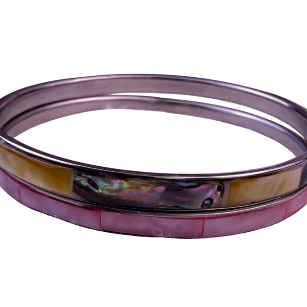Two Womens Silver Tone Abalone Shell & Pink Inlay Bangle Bracelets