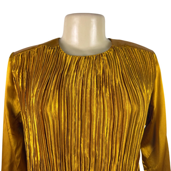 Vintage Notations Women’s Gold Polyester Long-Sleeve Blouse Pleated Front Size 4