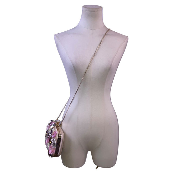 Women’s Pink Floral Embellishment With Chain Strap & Handle Clutch Purse