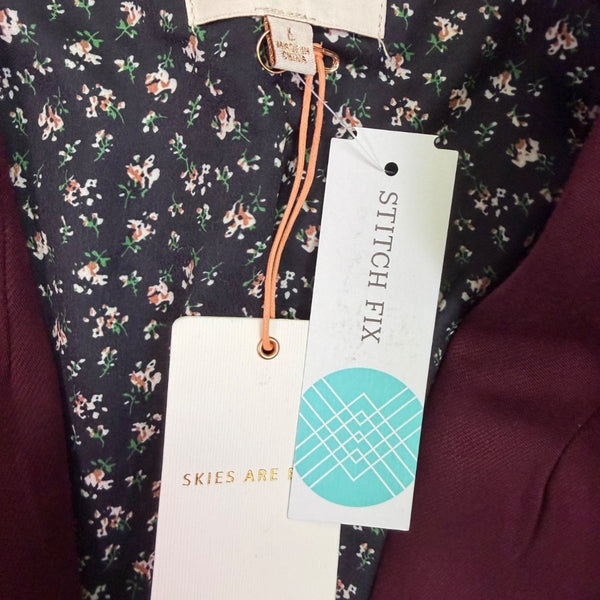 Skies Are Blue Womens Burgundy Open-Front Blazer Floral Lining Size L