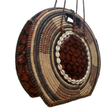 Women’s Woven Straw & Leather Multicolor Round Handbag With Cowrie Shell Trim
