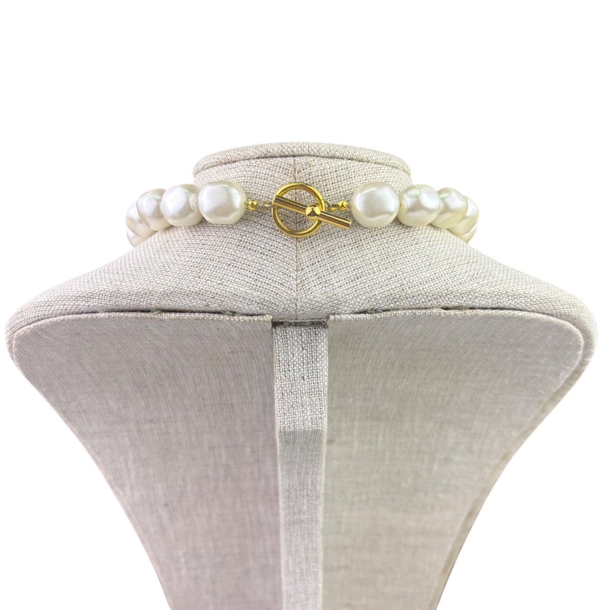 Single Strand Faux Pearl Necklace Women White Beads Gold Tone Toggle
