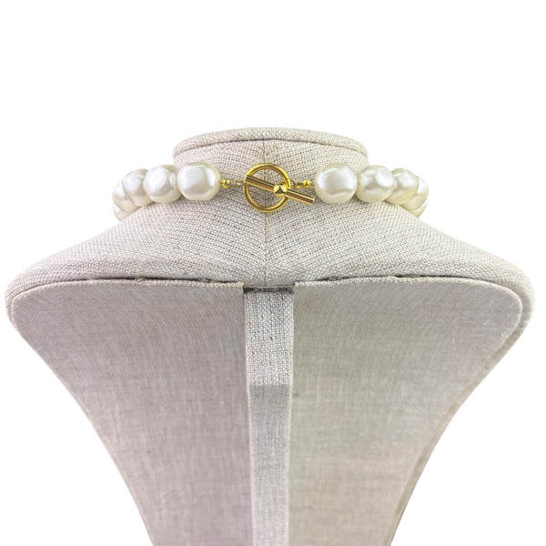 Single Strand Faux Pearl Necklace Women White Beads Gold Tone Toggle