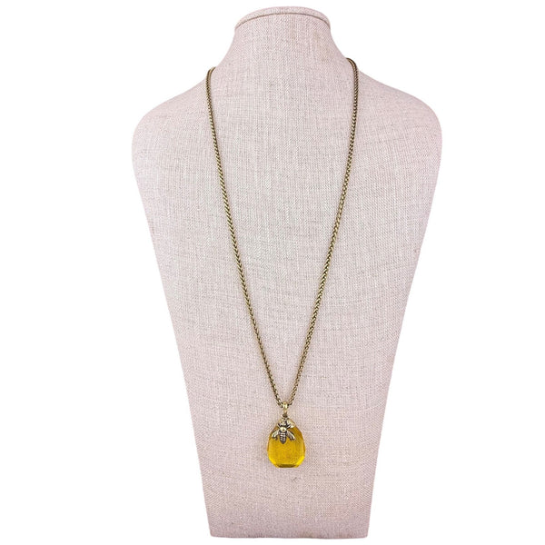 Antique Brass-tone Womens Honeybee Jewelry Set Necklace & Earrings Yellow Glass