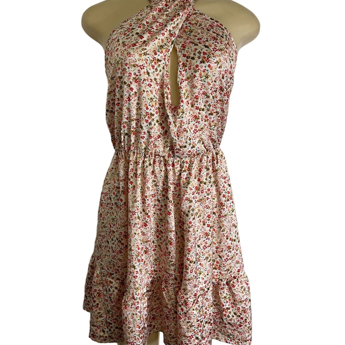 Floral Halter Neck Mini Dress With Ruffle Hem & Open Back New