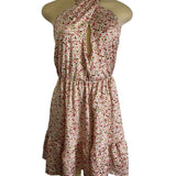 Floral Halter Neck Mini Dress With Ruffle Hem & Open Back New