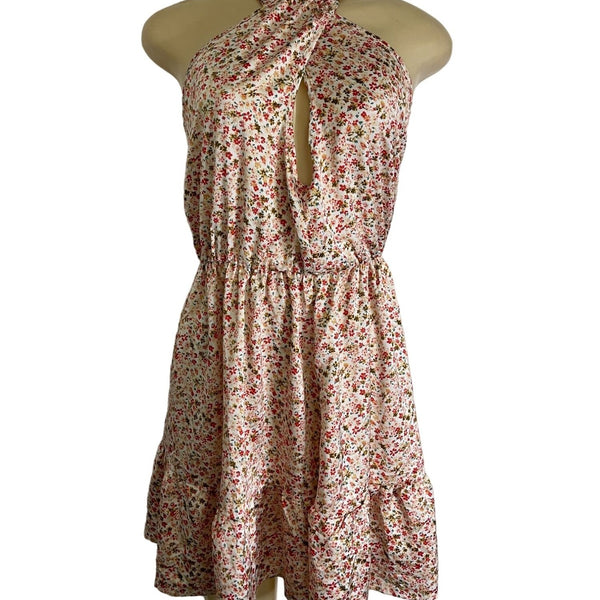 Floral Halter Neck Mini Dress With Ruffle Hem & Open Back New