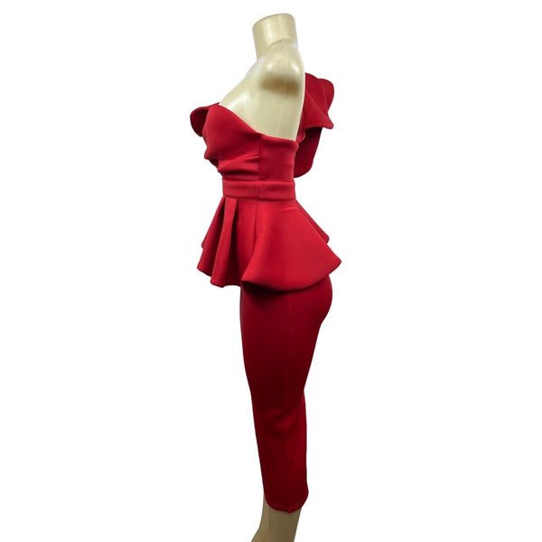 Shein Women’s Red Skirt and One Shoulder Ruffle Blouse Sz XS