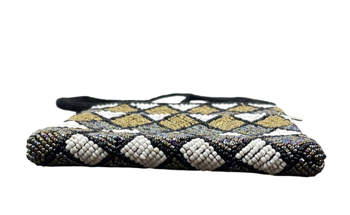 Beaded Harlequin Pattern Black Gold Silver White Crossbody Bag Sz S