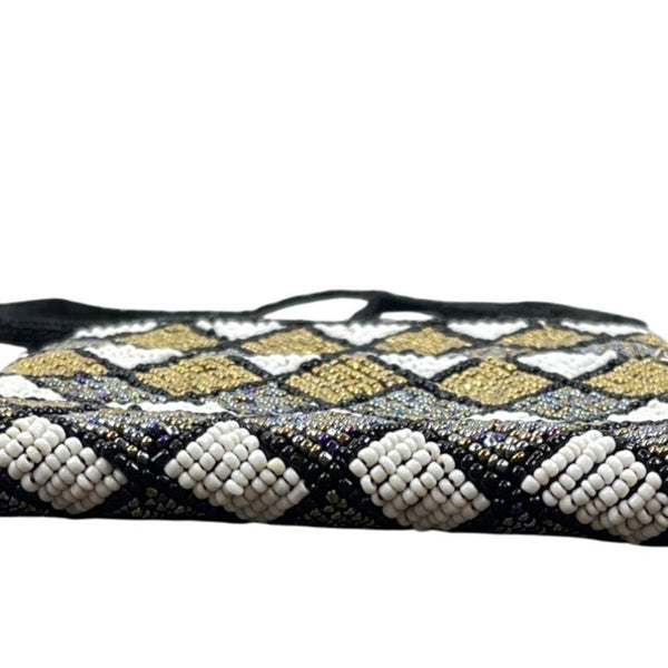 Beaded Harlequin Pattern Black Gold Silver White Crossbody Bag Sz S