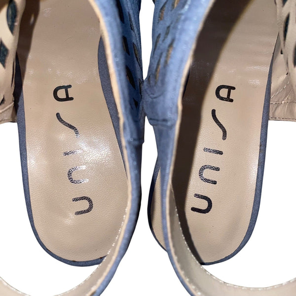 Unisa Women’s Blue Textile Cutout Back Buckle Heeled Perle Sandals Size 7.5M