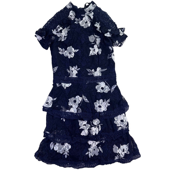 AX Paris Womens Navy Lace Floral Mini Dress Elegant Ruffle Details Size 10