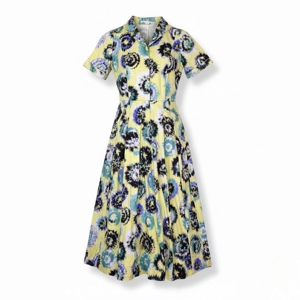 Jason Wu Womens Yellow & Multicolor Midi Dress Tie-Dye Print Short Sleeve Sz 8