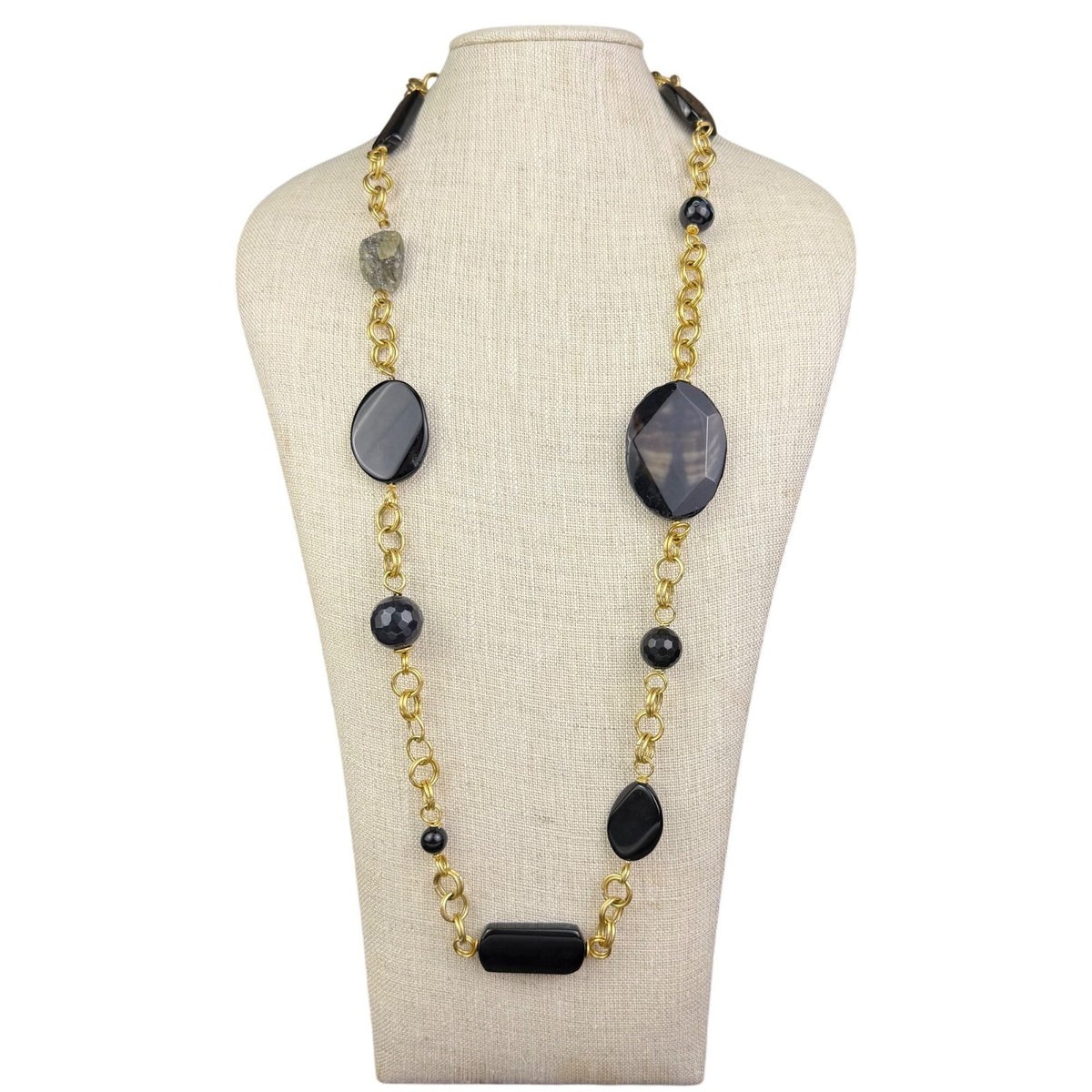 Asiatik Womens Black Gold Tone Metal Beaded Chain Necklace