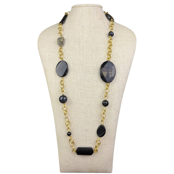 Asiatik Womens Black Gold Tone Metal Beaded Chain Necklace