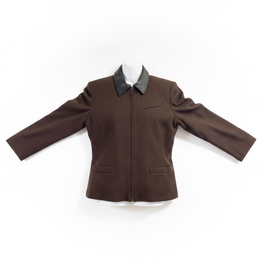 New Frontier Women’s Brown Wool Jacket Leather Trim Zip Front Vintage Size L 
