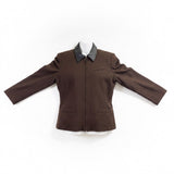 New Frontier Women’s Brown Wool Jacket Leather Trim Zip Front Vintage Size L 