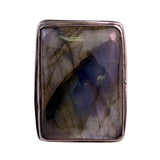 Blue Fire Silver Tone Labradorite Gemstone Ring 925 Stamped Rectangular