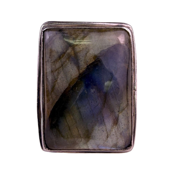 Blue Fire Silver Tone Labradorite Gemstone Ring 925 Stamped Rectangular