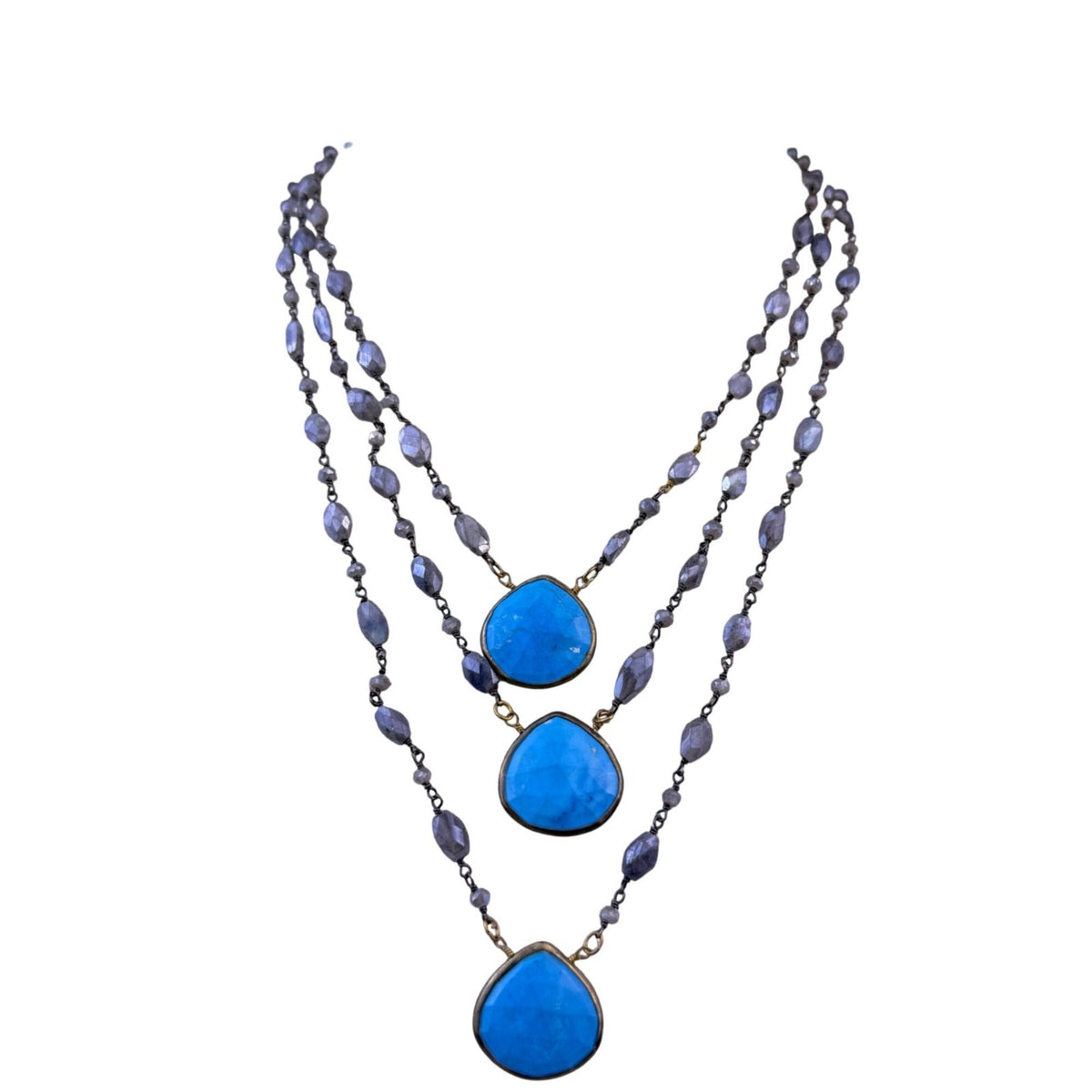 Womens Blue Purple Brass Faceted Bead 3 Strand Necklace