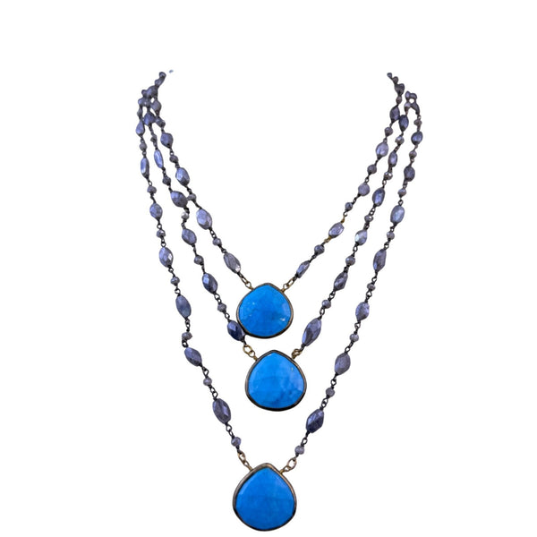 Womens Blue Purple Brass Faceted Bead 3 Strand Necklace